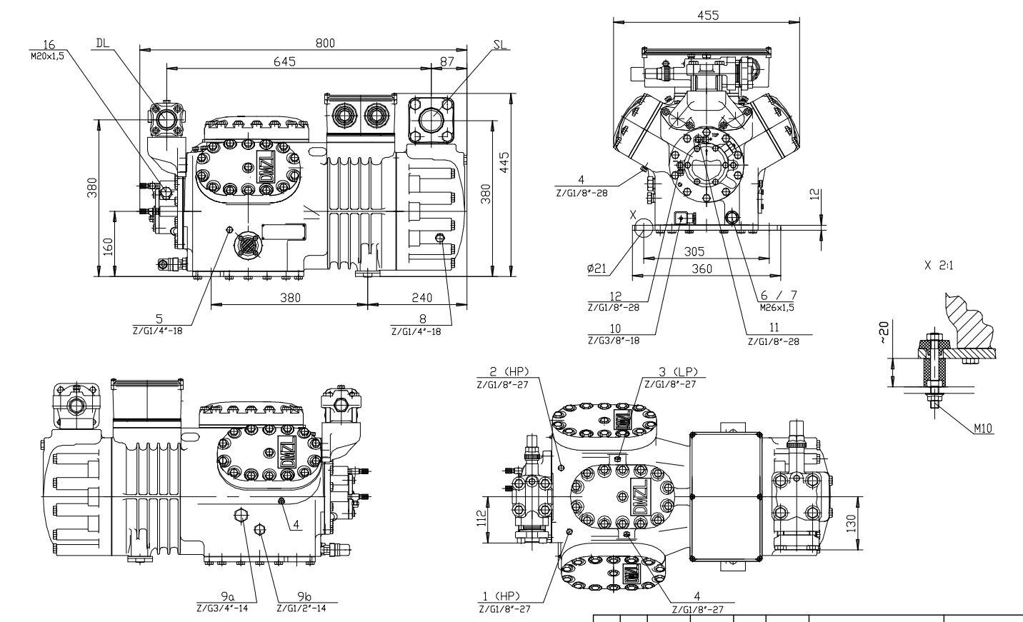 DMZL 6-Cylinder Semi-Hermetic Piston Compressor 20-50HP 